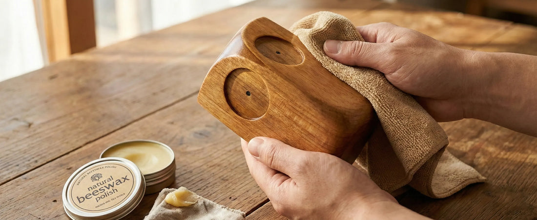 Close-up of hands polishing a wooden owl statue with natural beeswax and a soft cloth. Maintenance tips for preserving handcrafted rustic wood decor