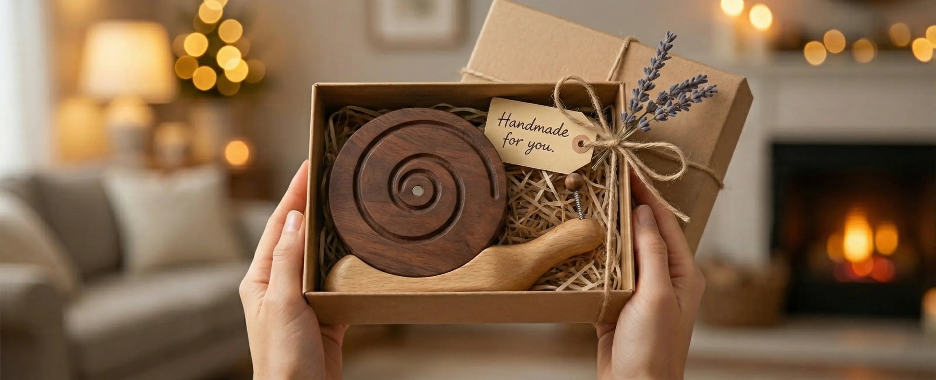 Hands holding a beautifully wrapped rustic wooden gift box tied with twine and lavender. Sustainable and meaningful artisan gift idea for housewarming