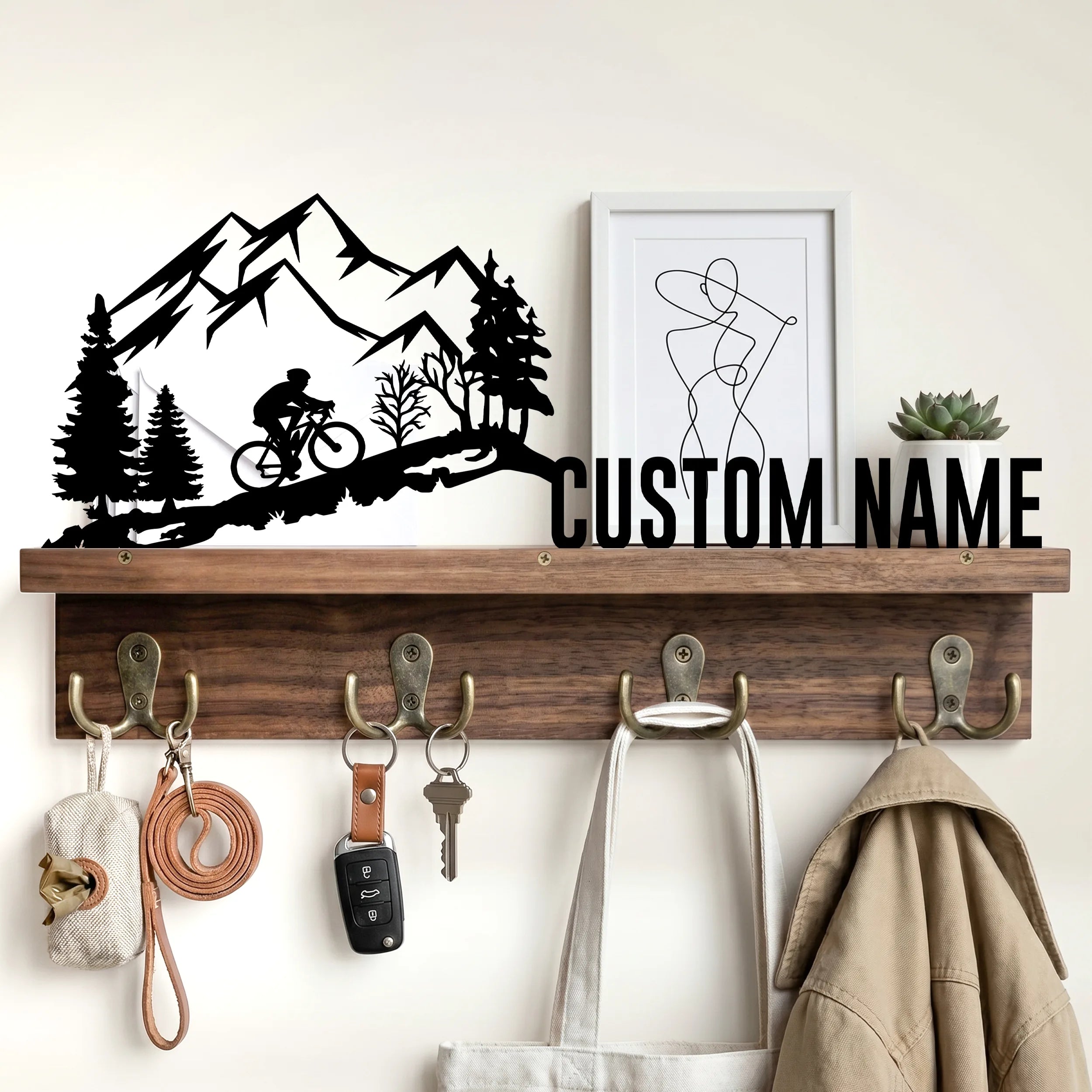 Custom Metal Art Key Holder - Walnut Entryway Organizer & Wooden Coat Rack Wall with Shelf