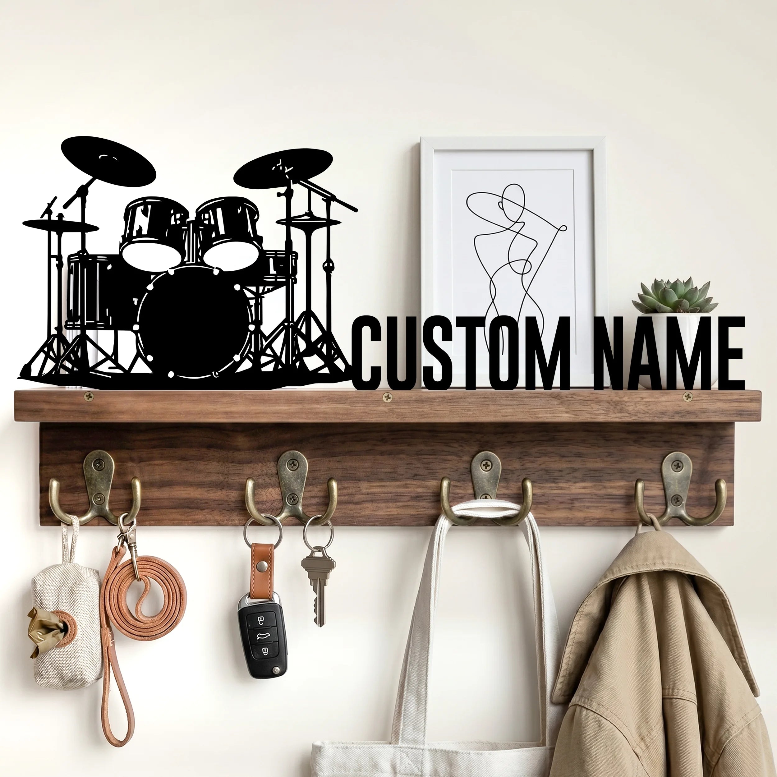 Custom Metal Art Key Holder - Walnut Entryway Organizer & Wooden Coat Rack Wall with Shelf