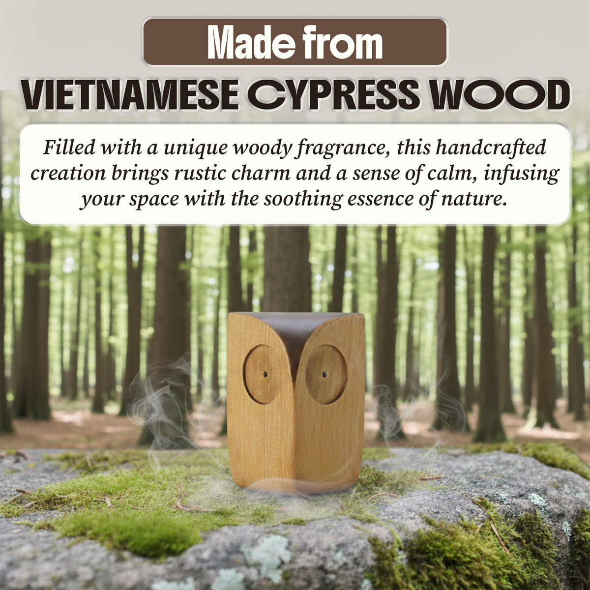 Wooden owl figurine in a forest setting with text: made from Vietnamese Cypress wood, handcrafted for rustic charm