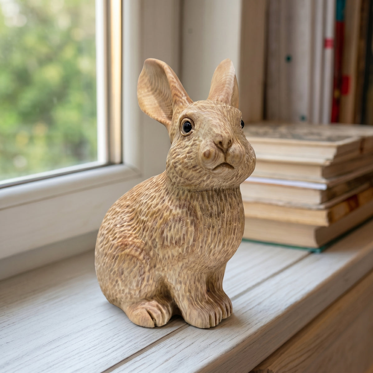 Wooden bunny figurine on a windowsill beside a stack of books