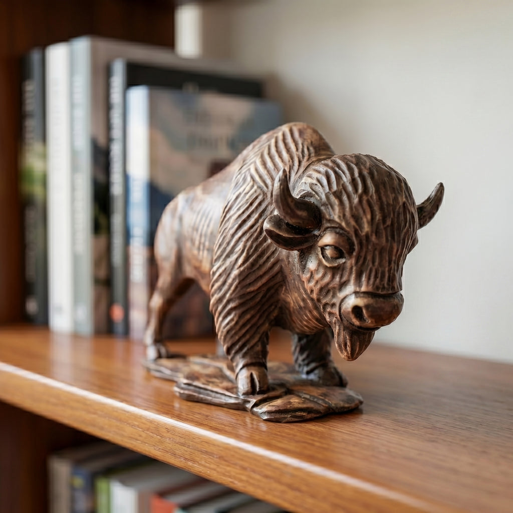 Bison Figurine - Hand-carved Wooden Animal Figurine
