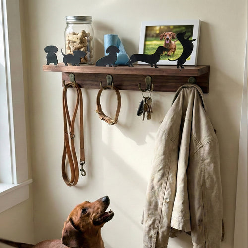 Wall mounted key holder installed in an entryway with two coats and a scarf hanging from the hooks