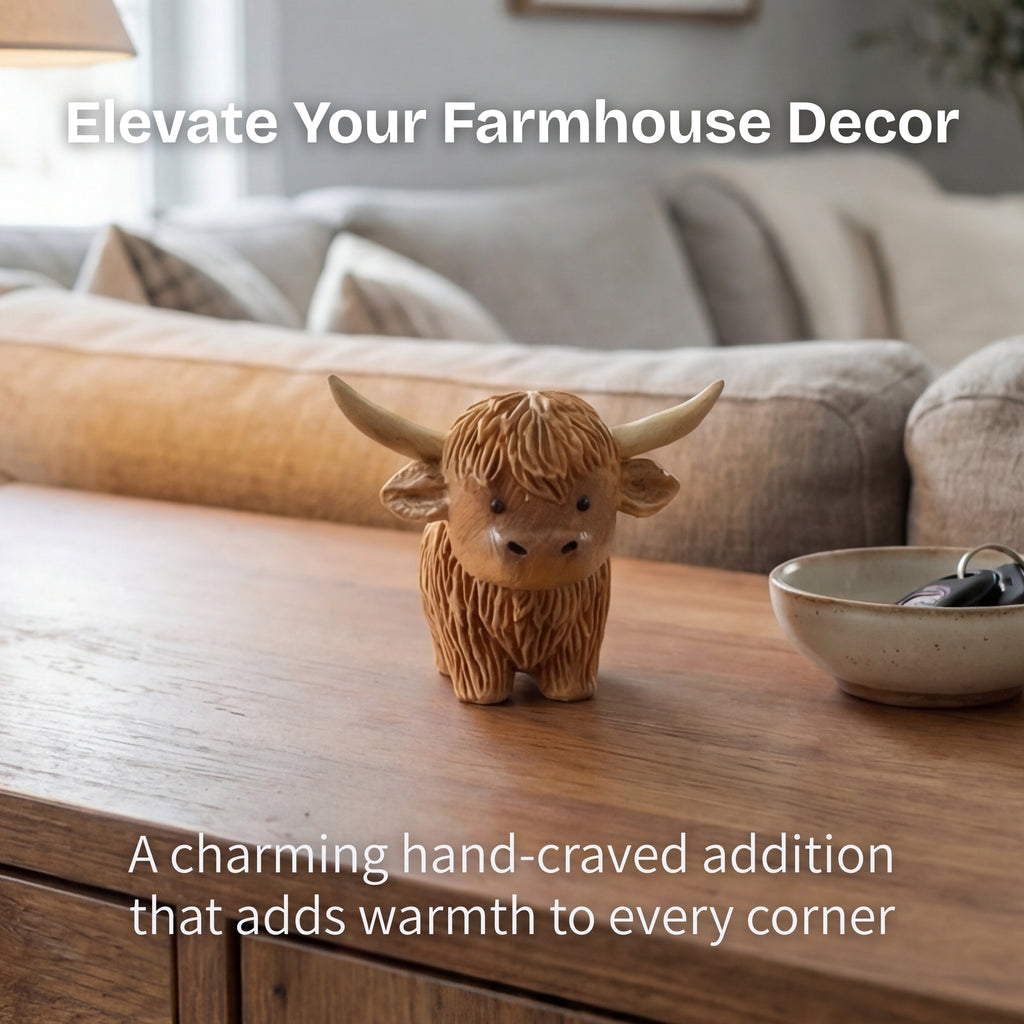Wooden Highland cow figurine on a wooden table with text about farmhouse decor.