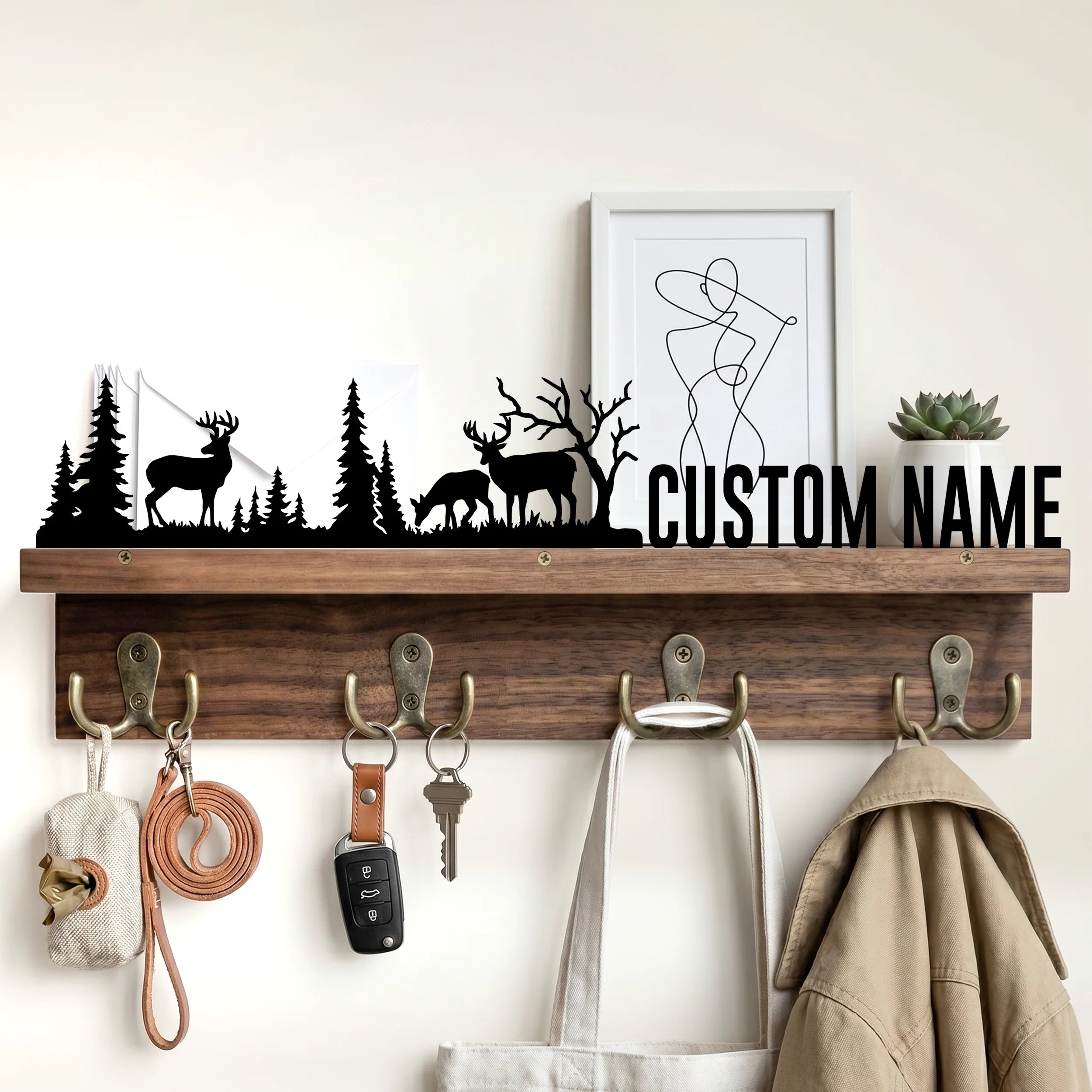 Custom Metal Art Key Holder - Walnut Entryway Organizer & Wooden Coat Rack Wall with Shelf