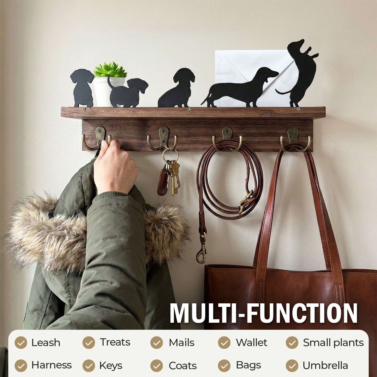 Wall Mounted Key Holder - Walnut Leash Hanger & Entryway Organizer (Custom Available)