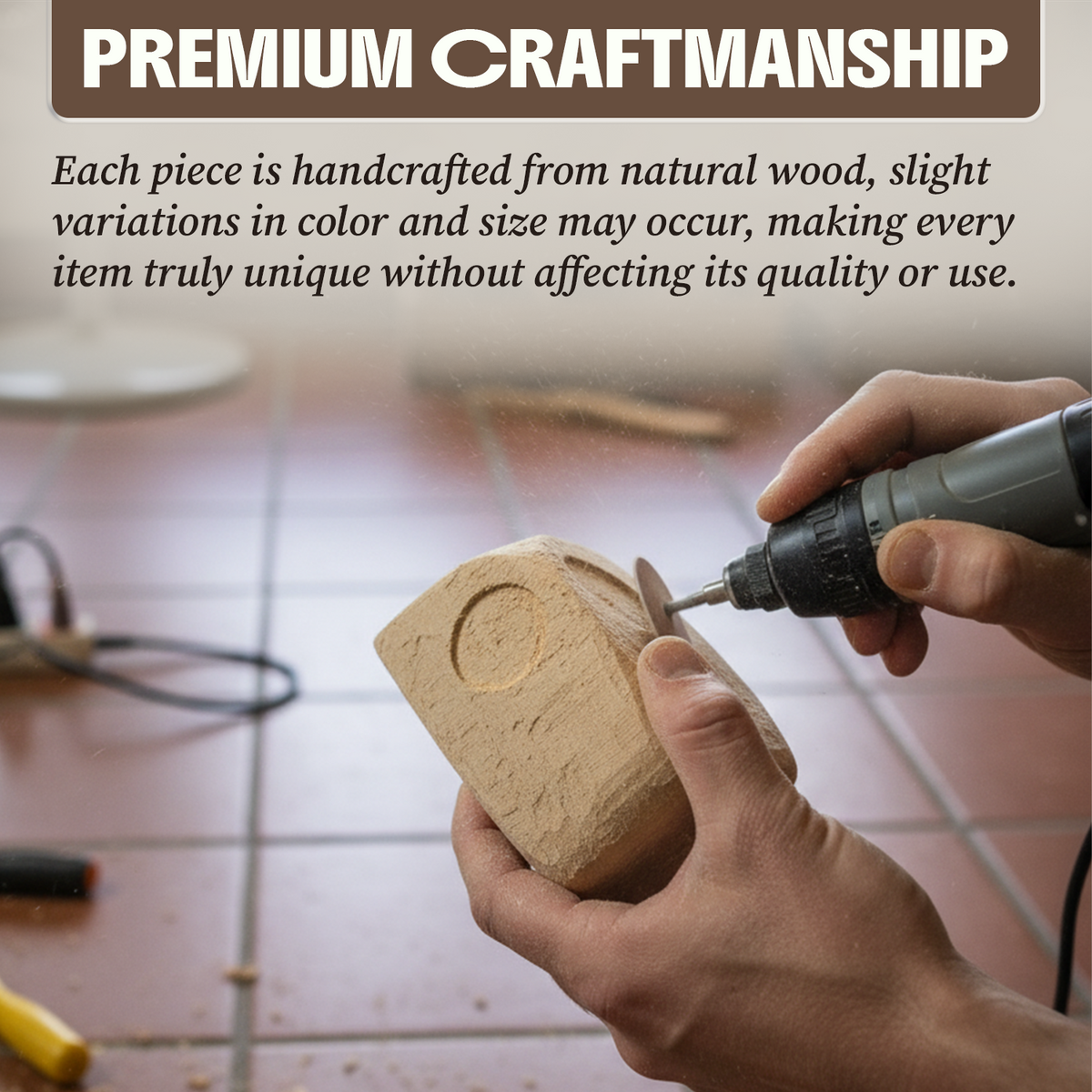 Close-up of a hand carving and sanding the wooden owl figurine, text reads Premium Craftmanship, hand-sculpted from natural wood