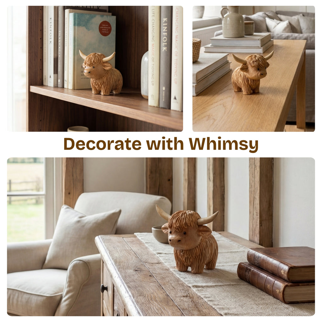 Highland Cow Figurine - Hand-carved Wooden Animal Figurine