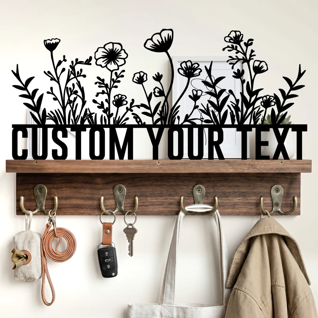 Custom Metal Art Key Holder - Walnut Entryway Organizer & Wooden Coat Rack Wall with Shelf