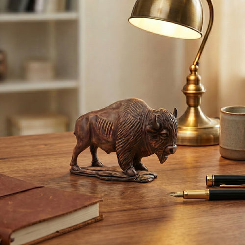 Bison Figurine - Hand-carved Wooden Animal Figurine