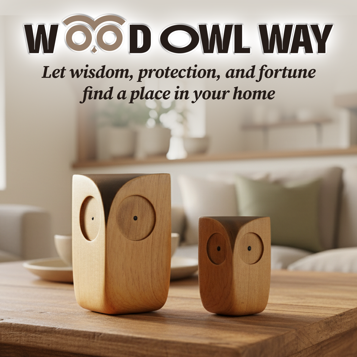 Two wooden owl figurines displayed on a table in a living room, text reads Wood Owl Way, wisdom protection and fortune