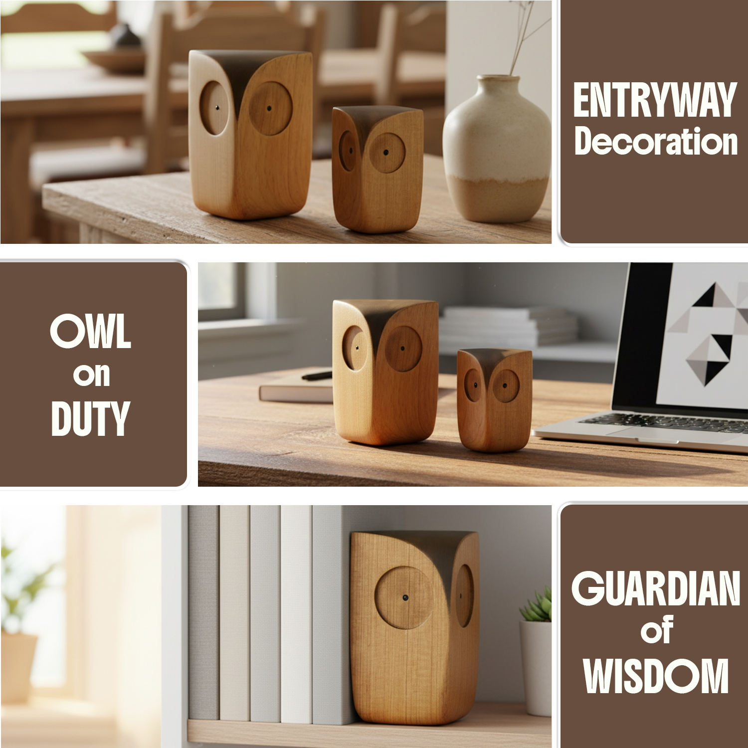 Wooden owl-shaped decor items on a table with text 'ENTRYWAY Decoration' and 'OWL on DUTY'.