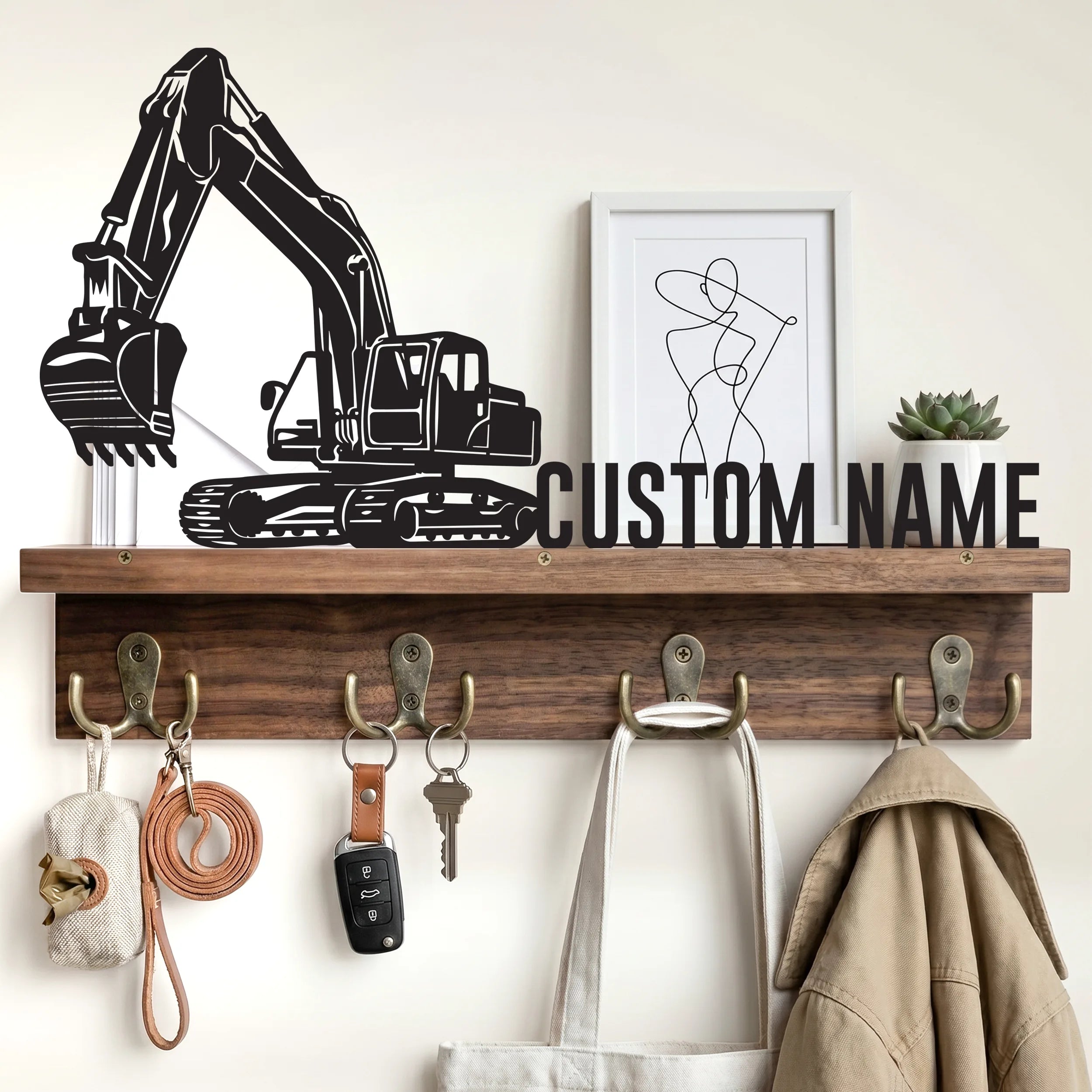 Custom Metal Art Key Holder - Walnut Entryway Organizer & Wooden Coat Rack Wall with Shelf