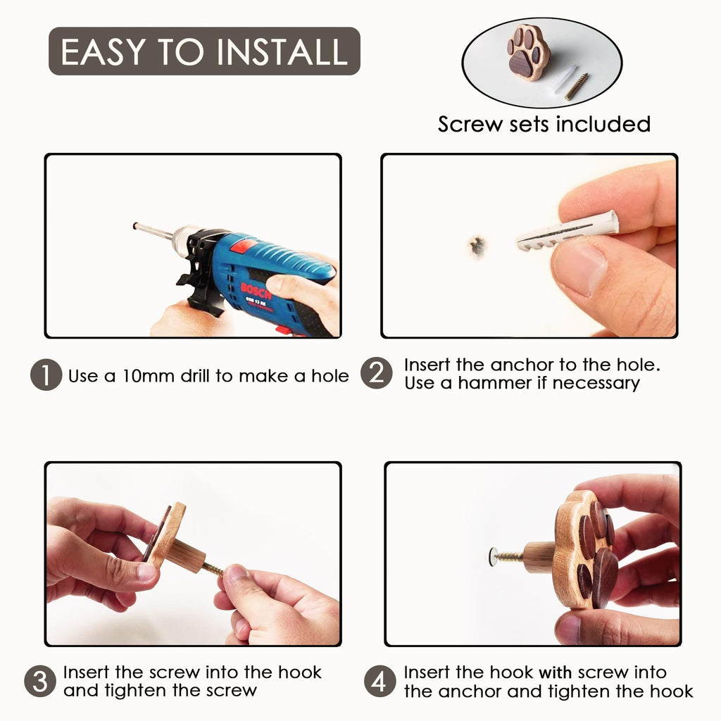 Wood Coat Wall Hook Dog Paw Leash Accessories Storage Holder Mounted Rustic Wooden Hat Cap Towel Rack Hanger Farmhouse Decorative Room Décor