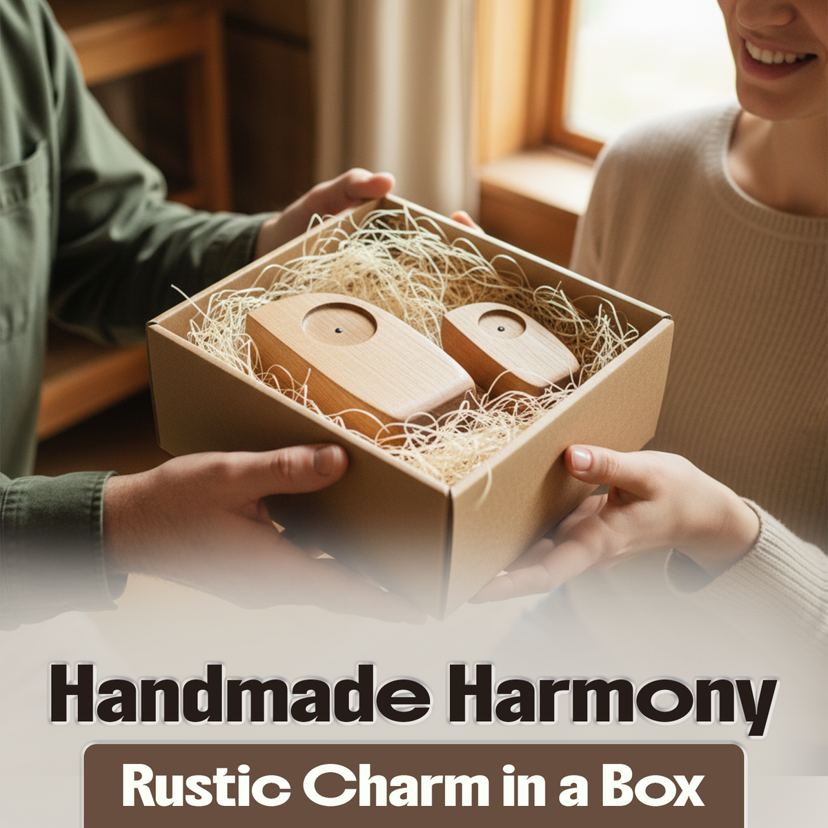 Wooden owl figurine sitting inside an open wooden gift box, text reads Handmade Harmony, Rustic Charm in a Box