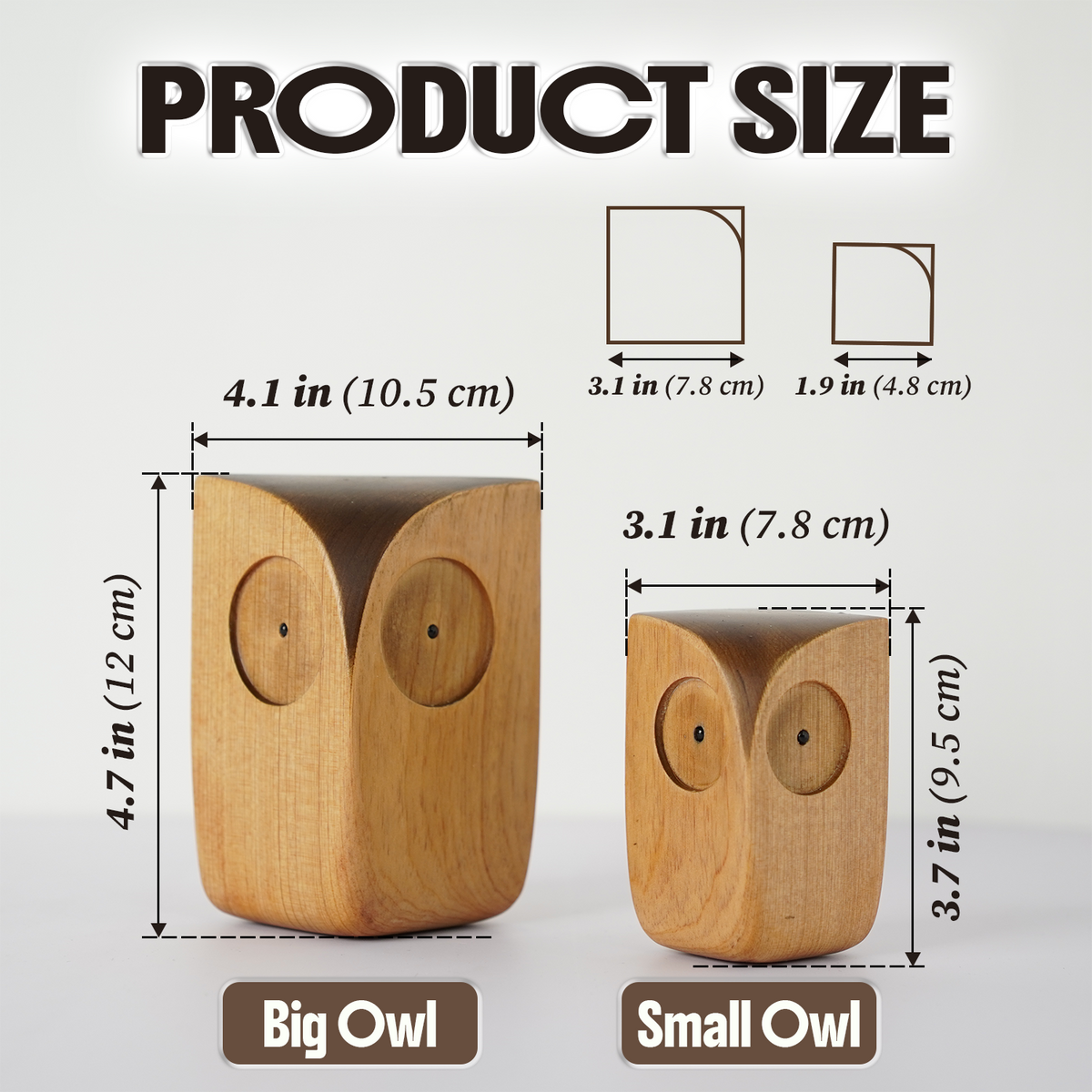 Size comparison diagram of the Big Owl and Small Owl figurines with height and width measurements in inches and centimeters