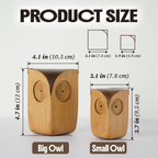 Size comparison diagram of the Big Owl and Small Owl figurines with height and width measurements in inches and centimeters
