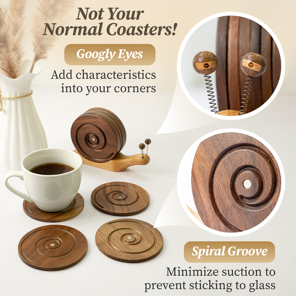 BeeRusty™ – Set of 6 Hand-carved Wooden Coasters with Snail Holder