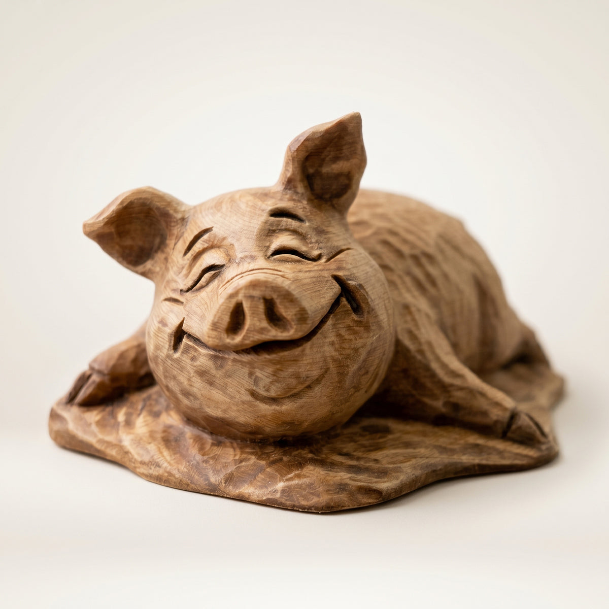 Hand-carved wooden pig figurine lying down with eyes closed on a white background