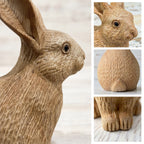 Close-up detail collage of the wooden bunny figurine showing head and carved fur texture