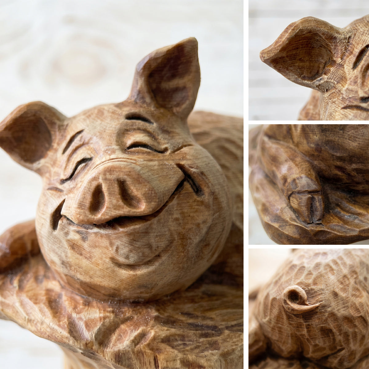 Close-up detail collage of the wooden pig figurine showing head and carved texture