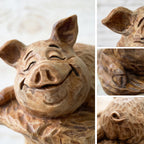 Close-up detail collage of the wooden pig figurine showing head and carved texture