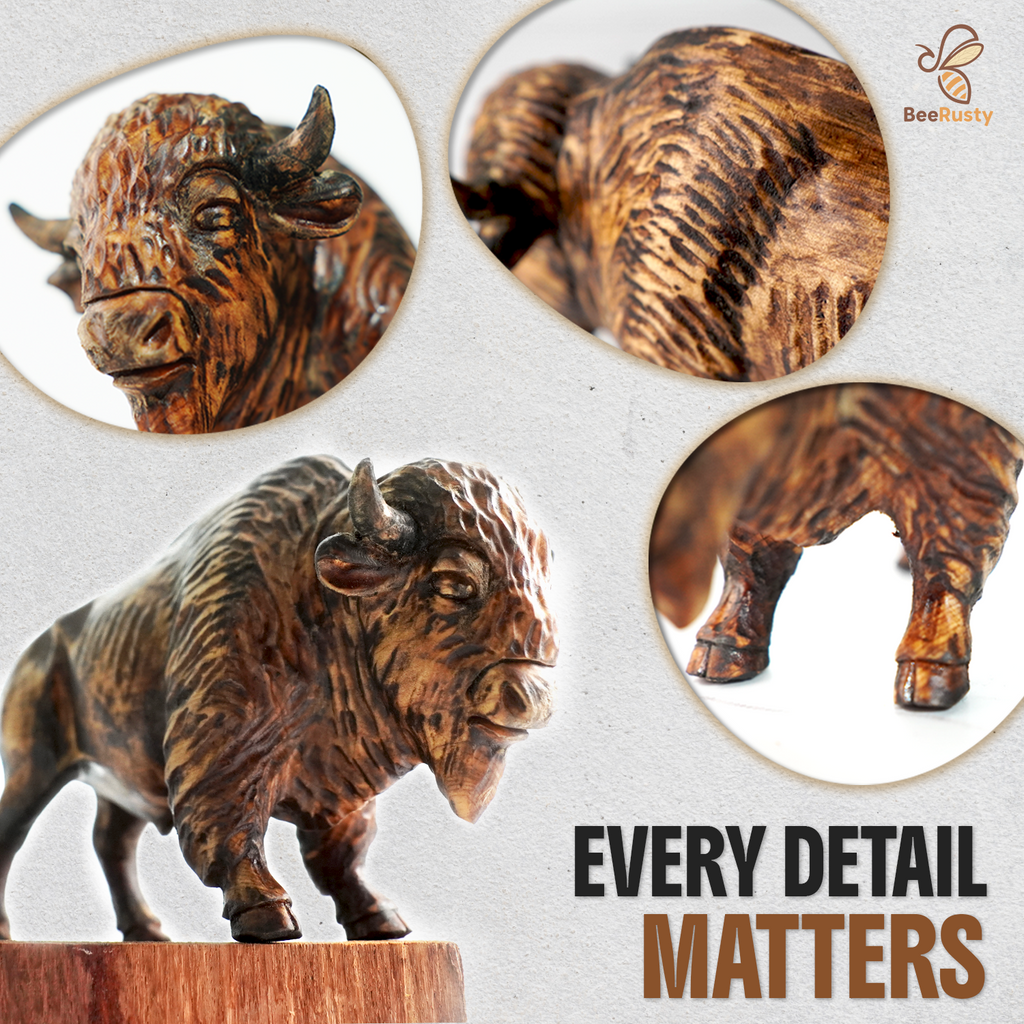 BeeRusty™ Hand-Carved Wooden Bison Figurine