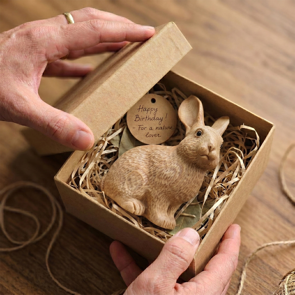 Hands placing the wooden bunny figurine into a gift box with excelsior packing