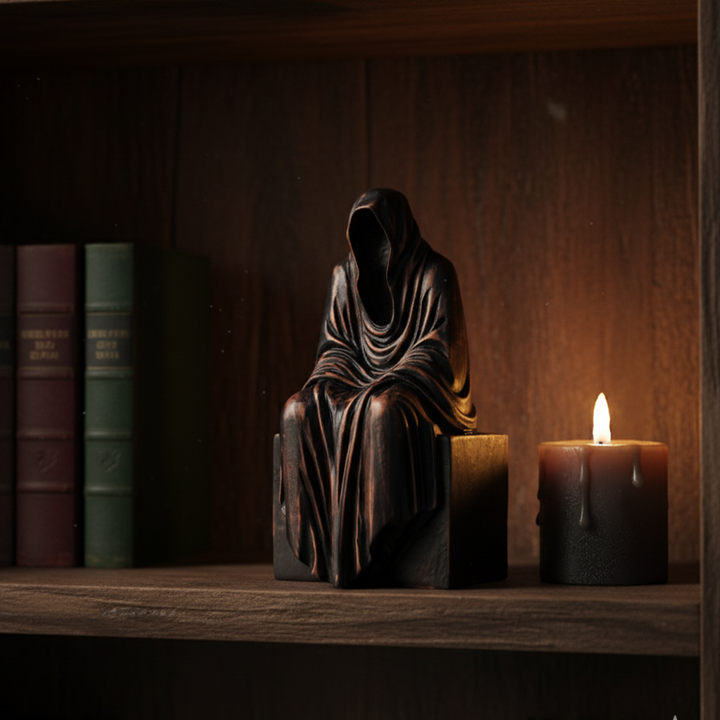 Handmade Wooden Grim Reaper Rustic Gothic Bookshelf & Table Decor Figurine