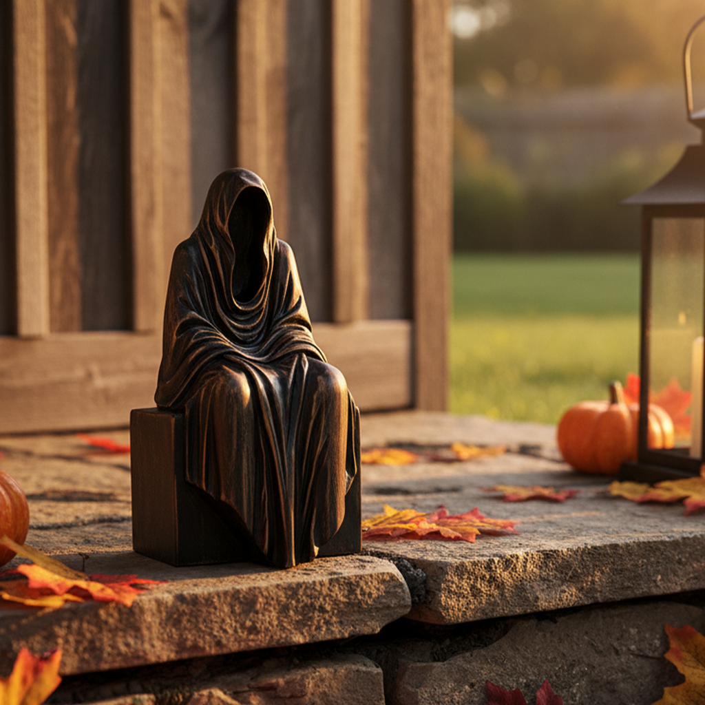 Handmade Wooden Grim Reaper Rustic Gothic Bookshelf & Table Decor Figurine