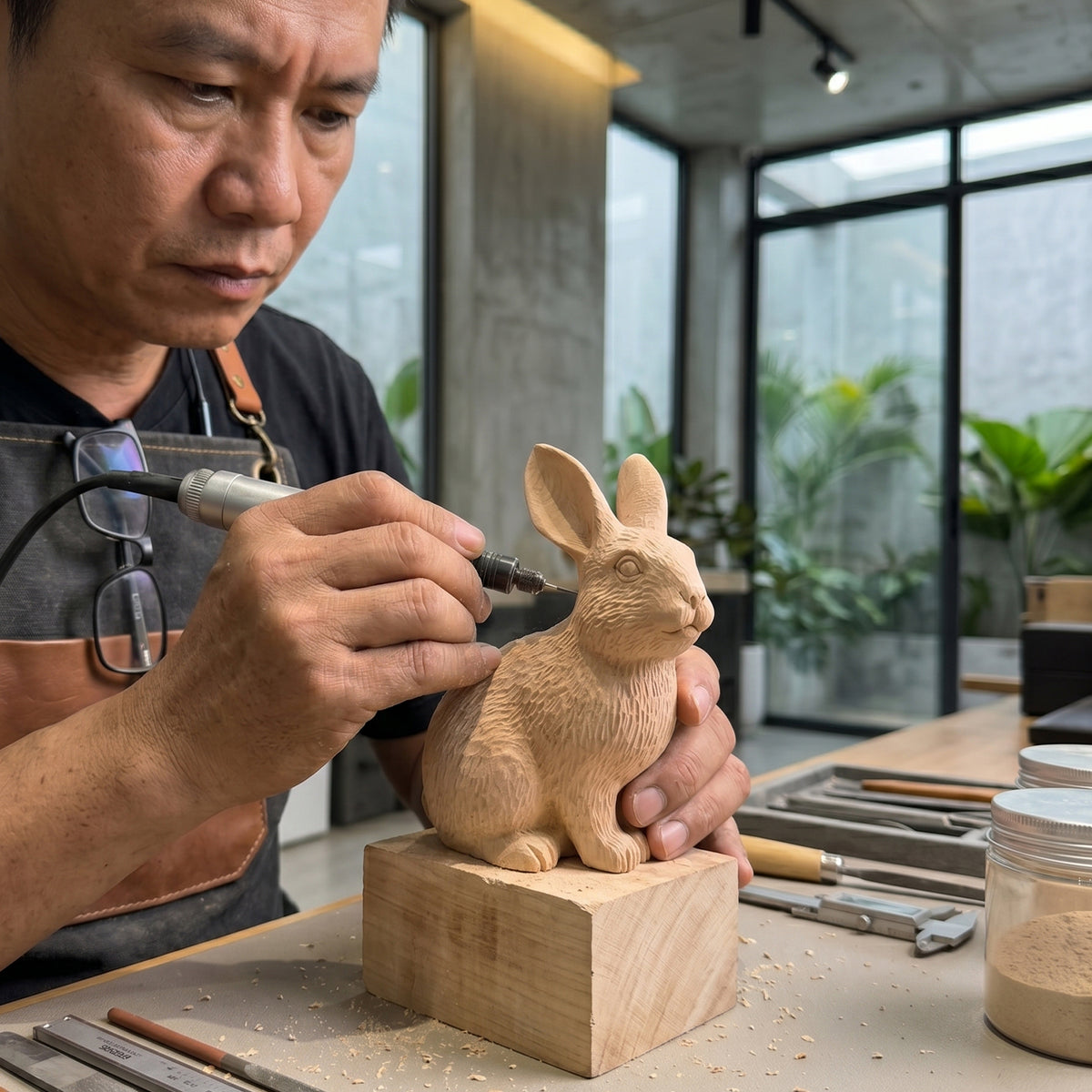 Person hand-finishing the wooden bunny figurine on a workbench
