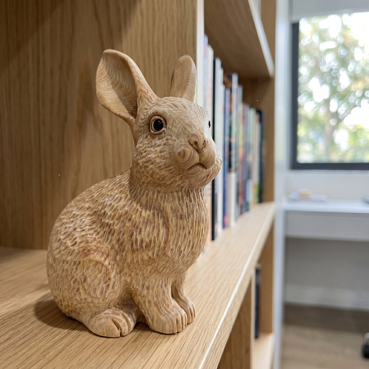 Wooden bunny figurine displayed on a shelf beside books near a window
