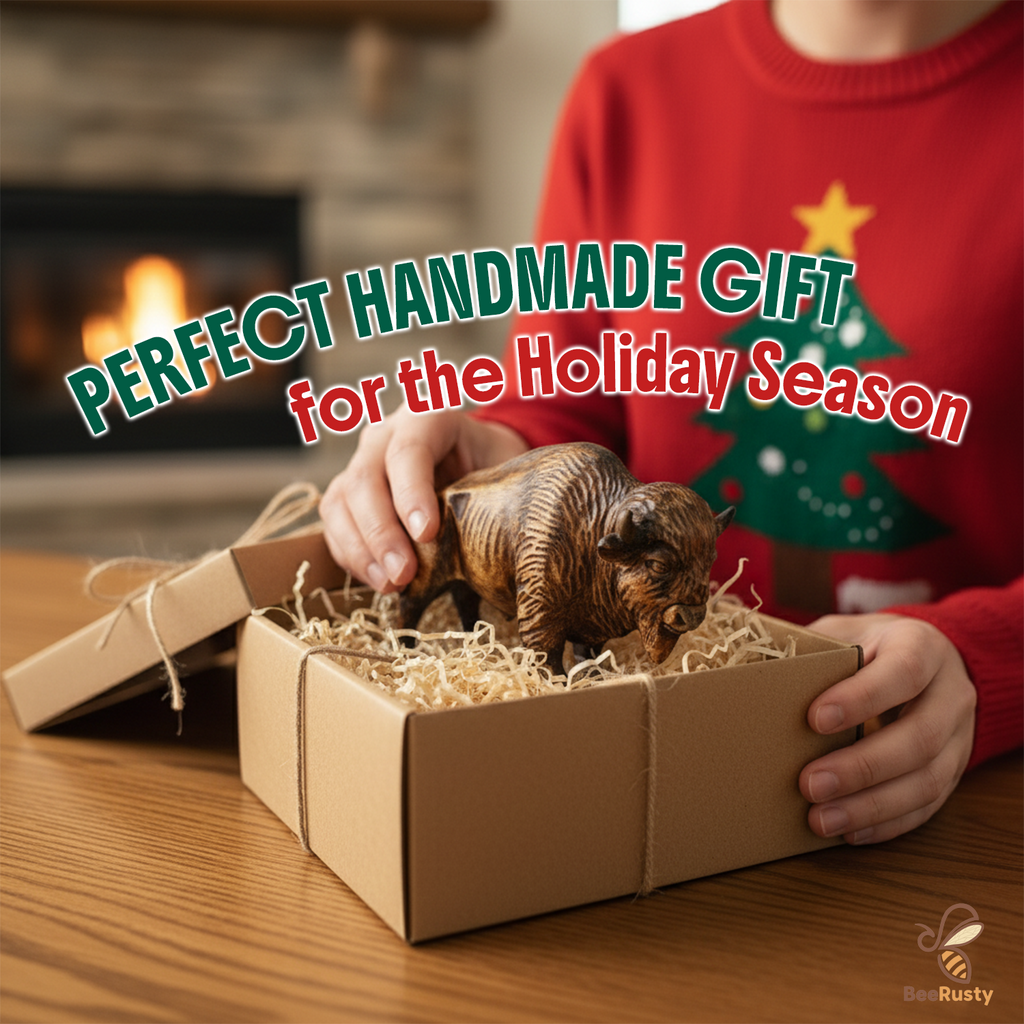 BeeRusty™ Hand-Carved Wooden Bison Figurine
