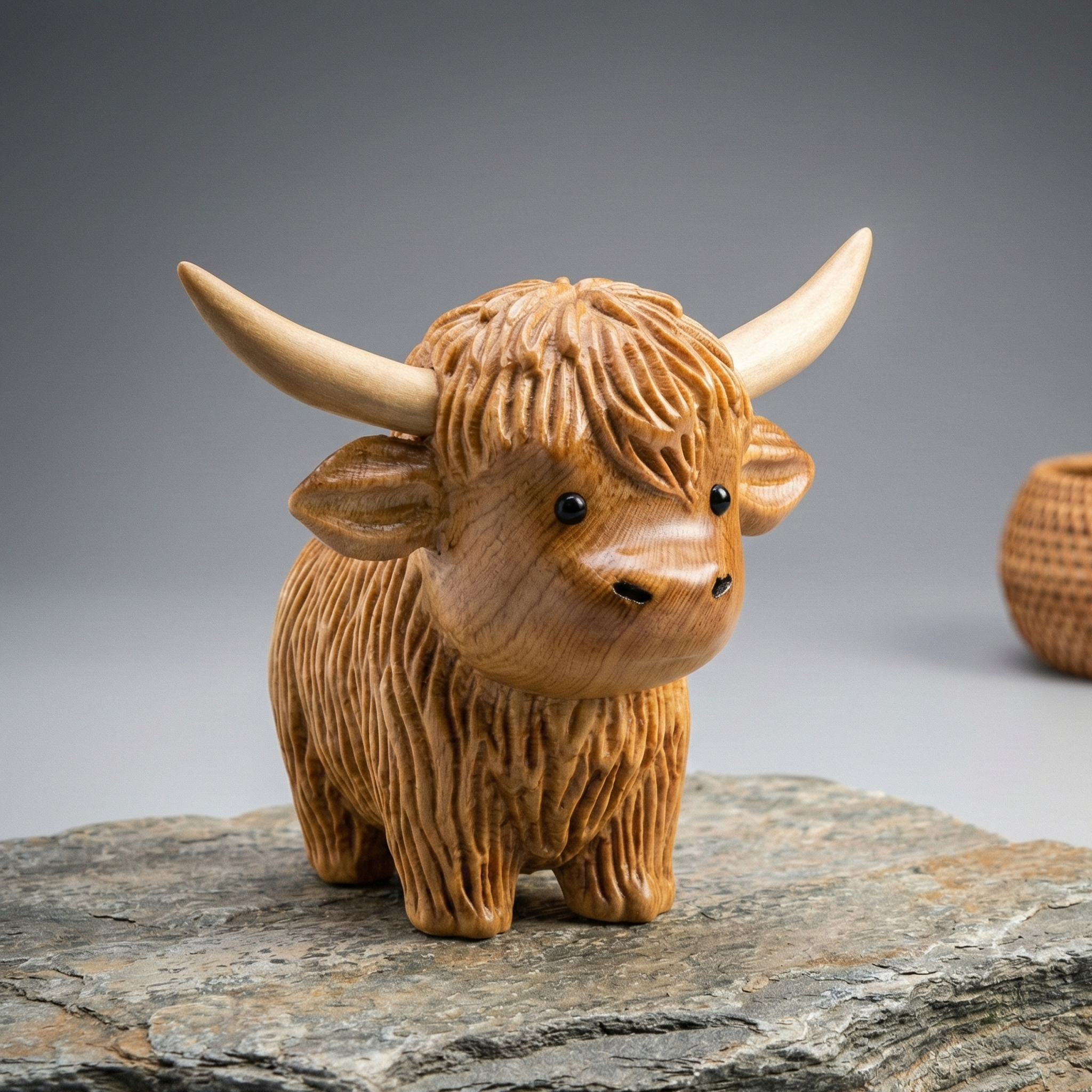 BeeRusty™ Hand Carved Wooden Highland Cow Figurine - Rustic Farmhouse Decor Gift