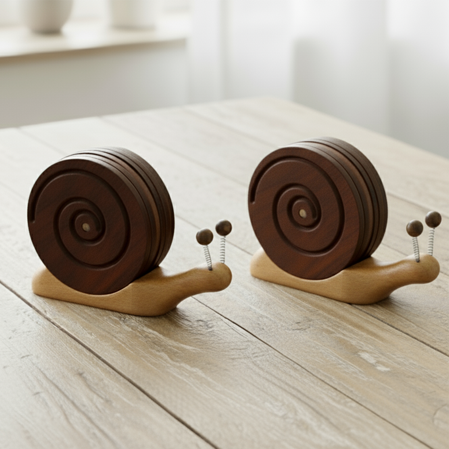 BeeRusty™ – Set of 6 Hand-carved Wooden Coasters with Snail Holder