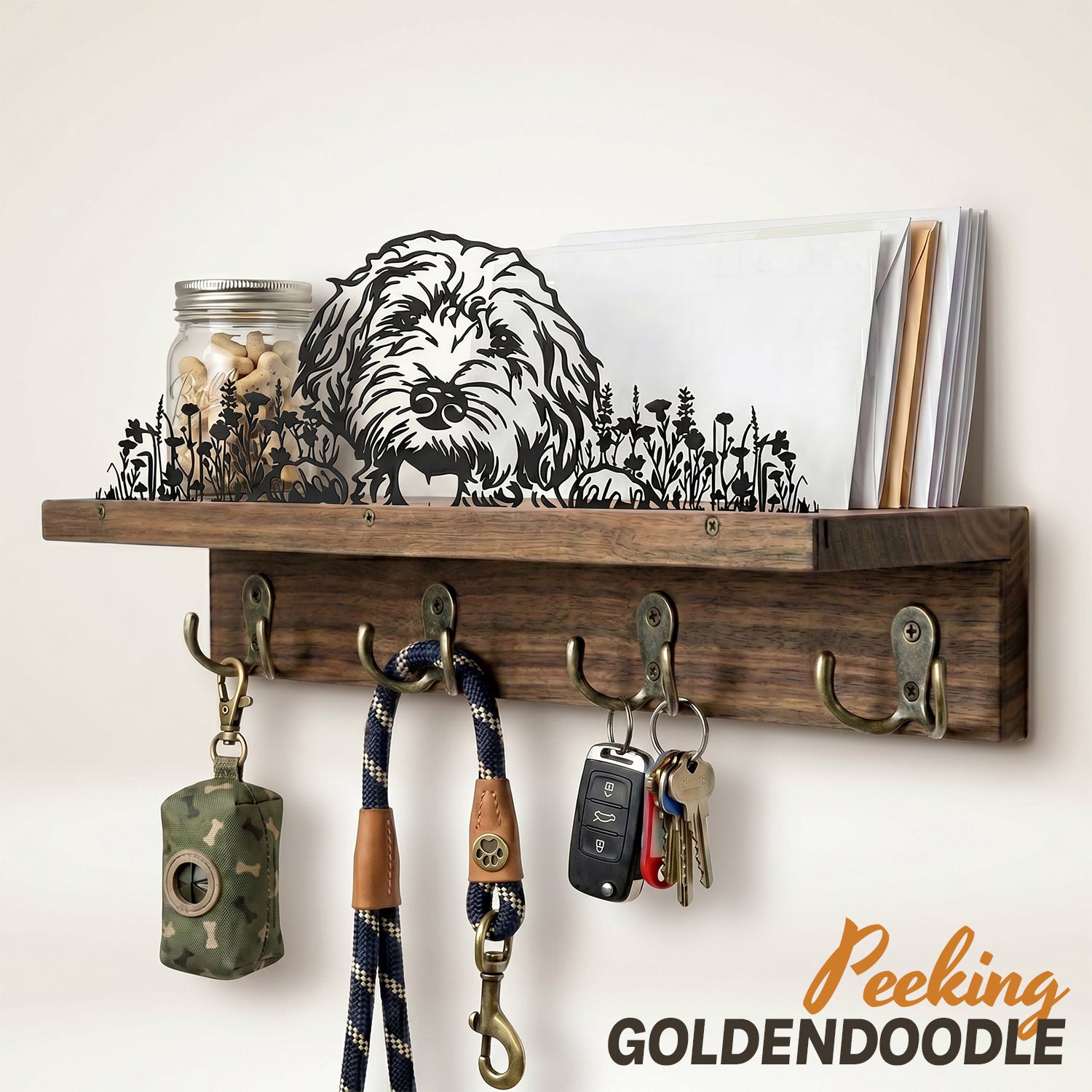 Wall Mounted Key Holder - Walnut Leash Hanger & Entryway Organizer (Custom Available)