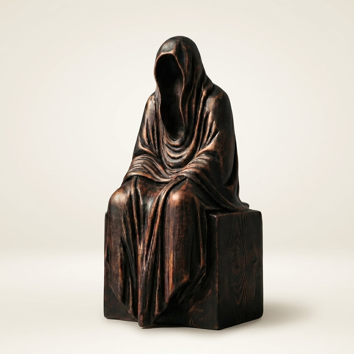 Hand-carved wooden Grim Reaper figurine seated, dark hooded cloak finish, on a plain background