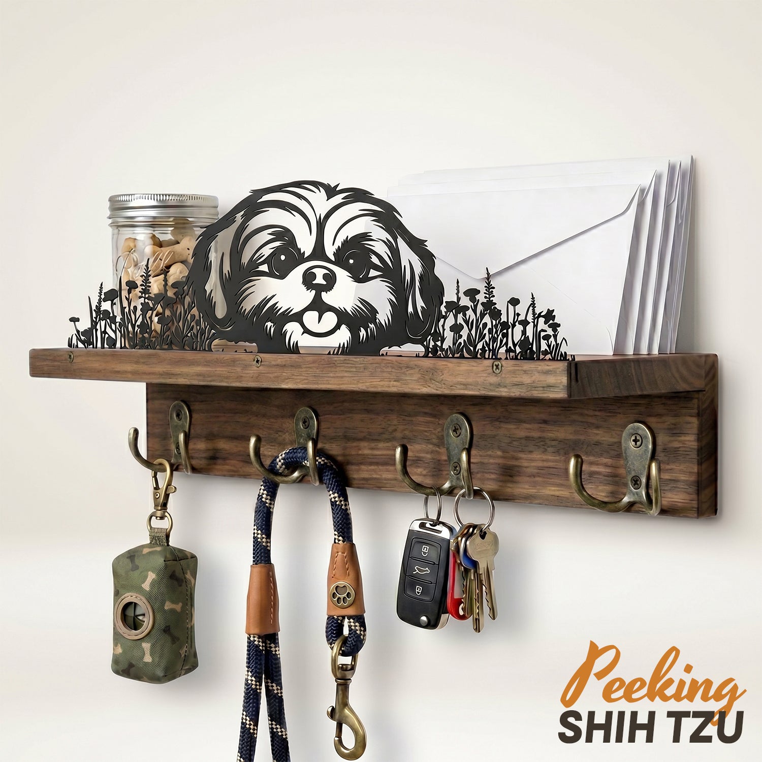 Wall Mounted Key Holder - Walnut Leash Hanger & Entryway Organizer (Custom Available)