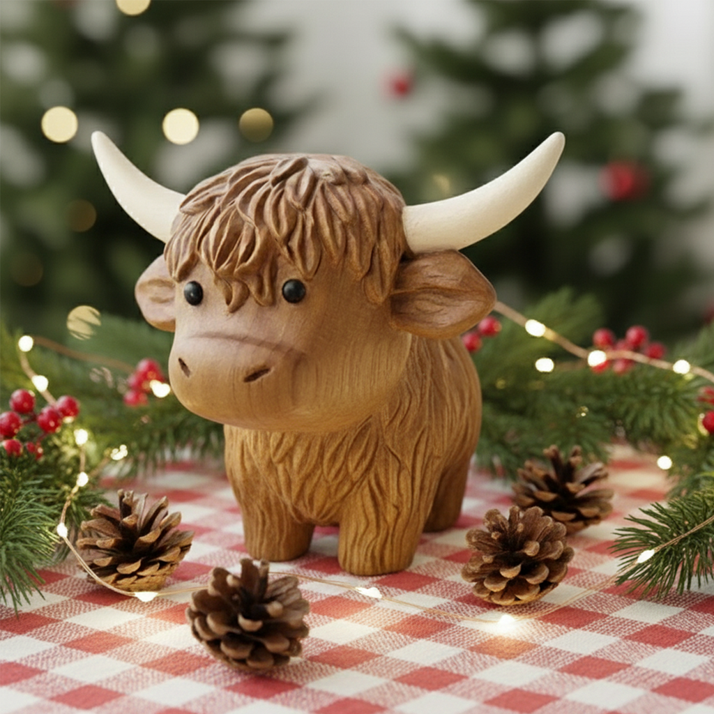 BeeRusty™ - Hand-Carved Wooden Highland Cow Figurine