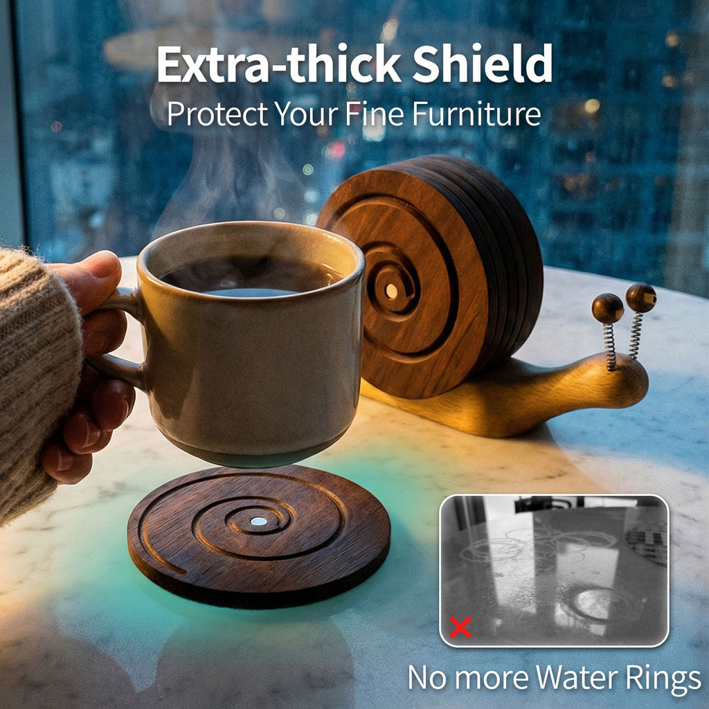 Snail Magnetic Wooden Coasters with Holder - Set of 6