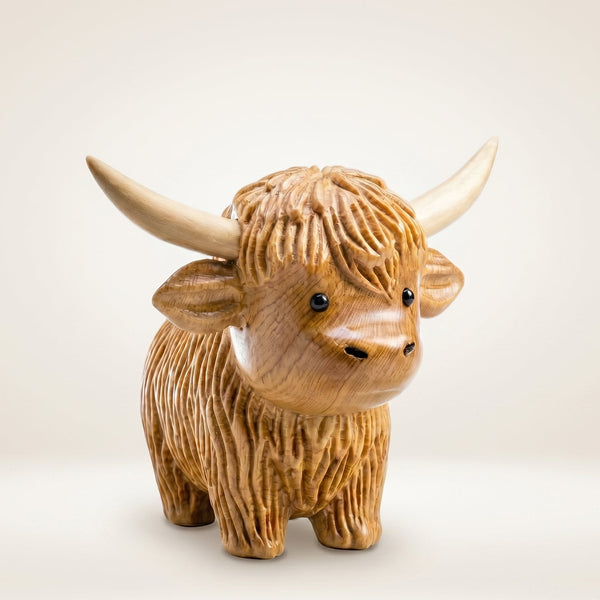 Highland Cow Figurine | Hand-Carved Wood Decor | BeeRusty