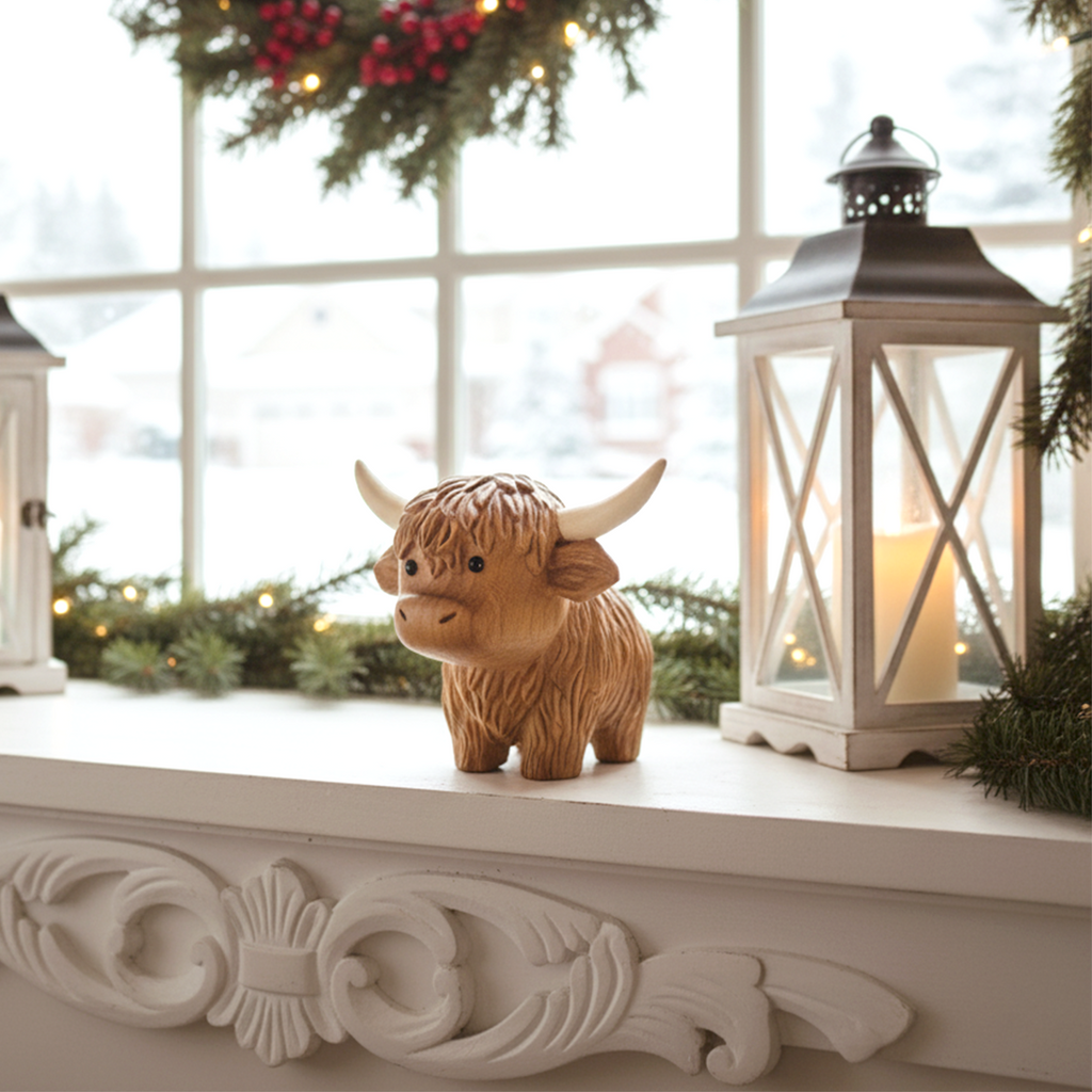 BeeRusty™ - Hand-Carved Wooden Highland Cow Figurine