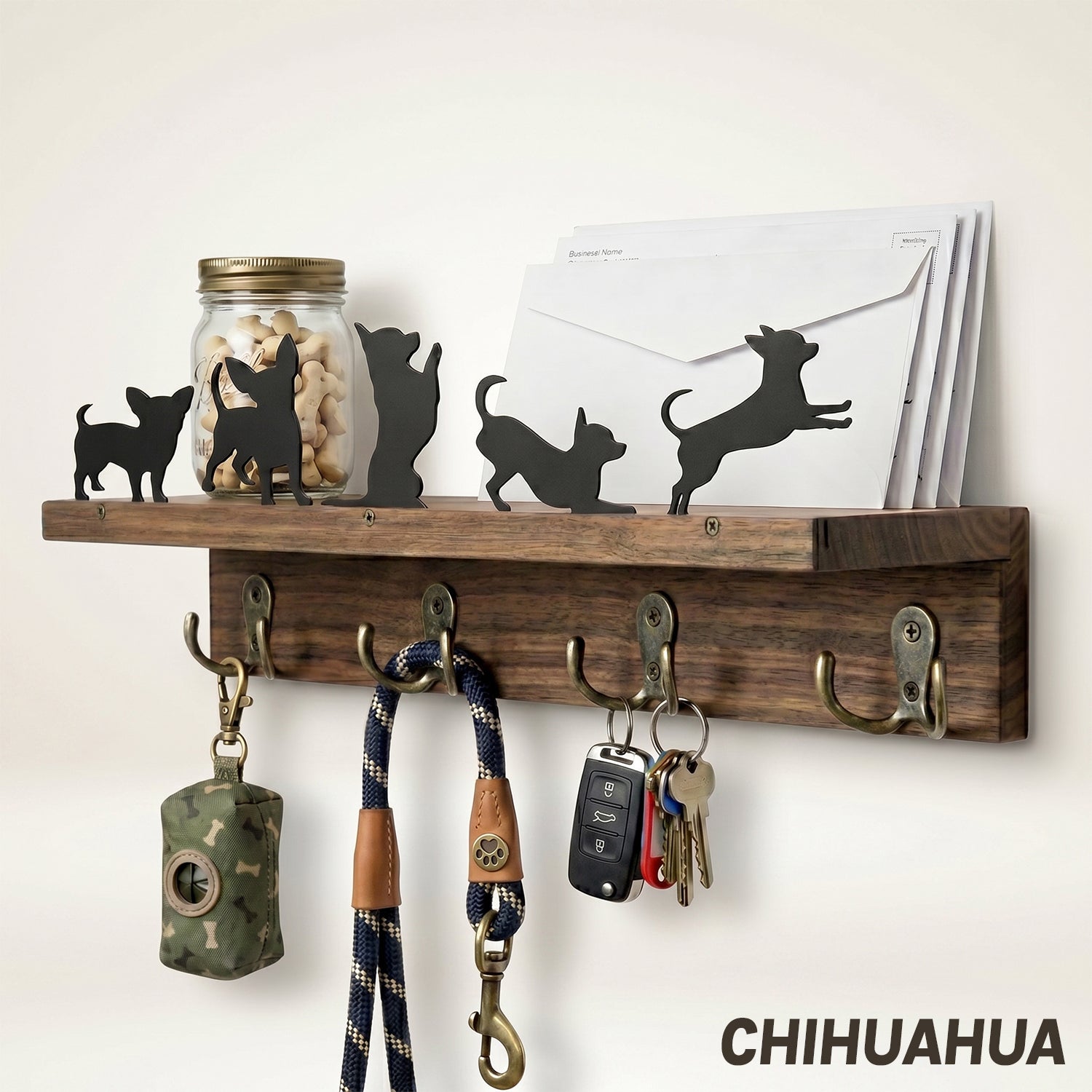 Wall Mounted Key Holder - Walnut Leash Hanger & Entryway Organizer (Custom Available)
