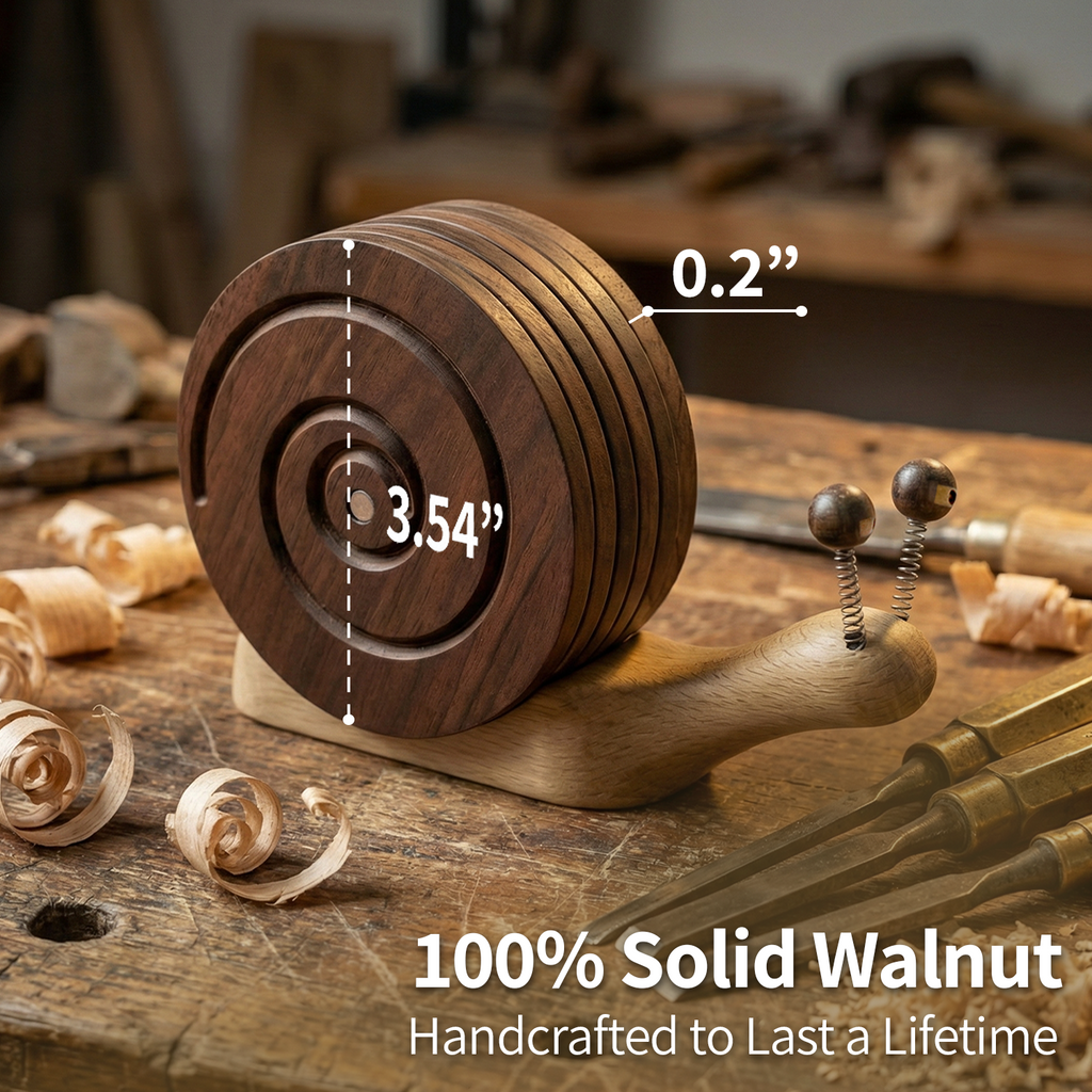 Snail Magnetic Wooden Coasters with Holder - Set of 6
