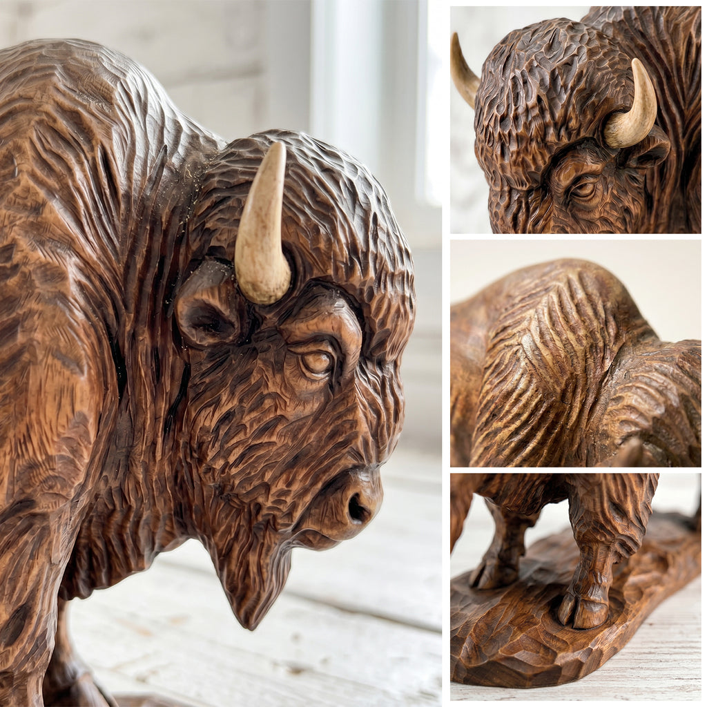 Bison Figurine - Hand-carved Wooden Animal Figurine