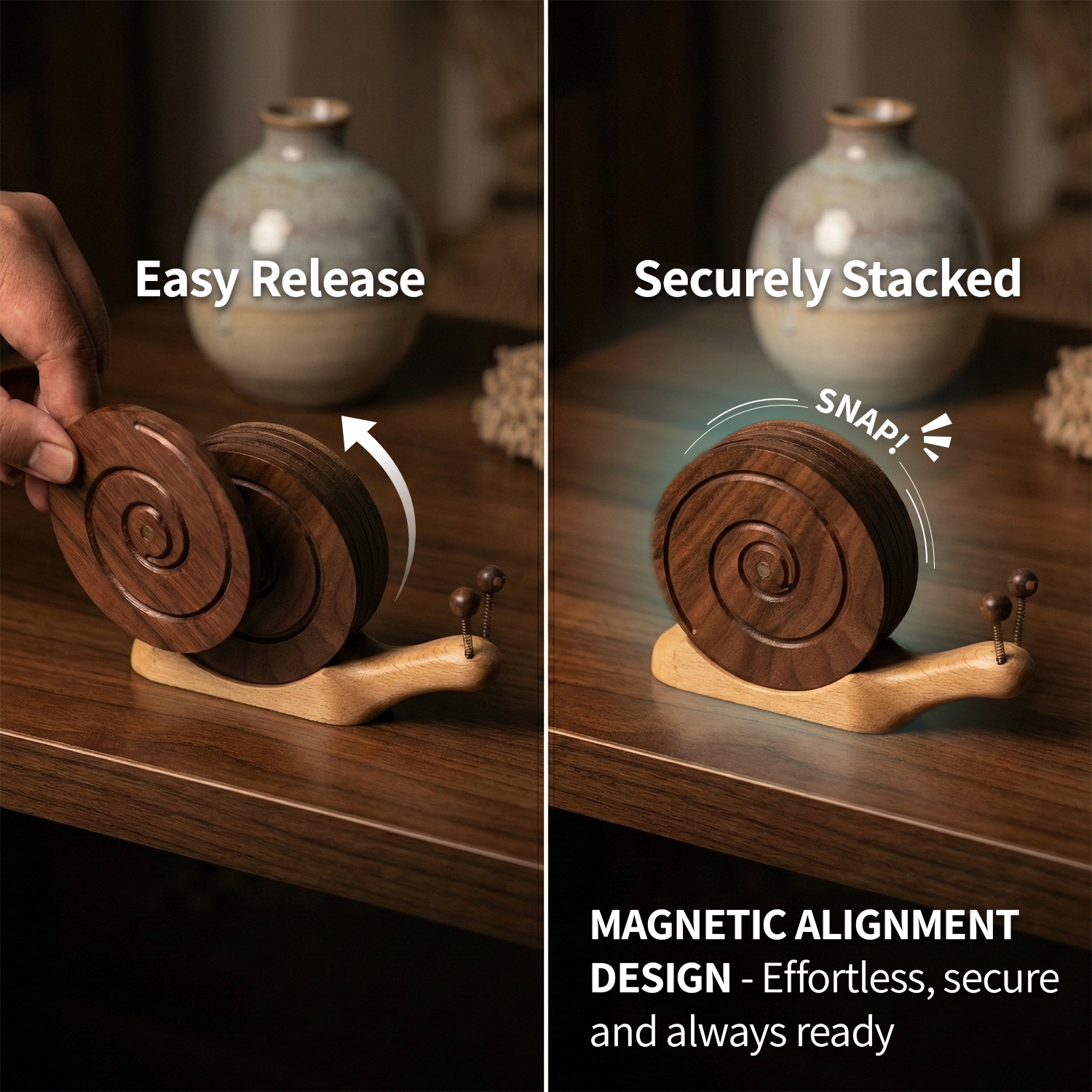 Snail Magnetic Wooden Coasters with Holder - Set of 6