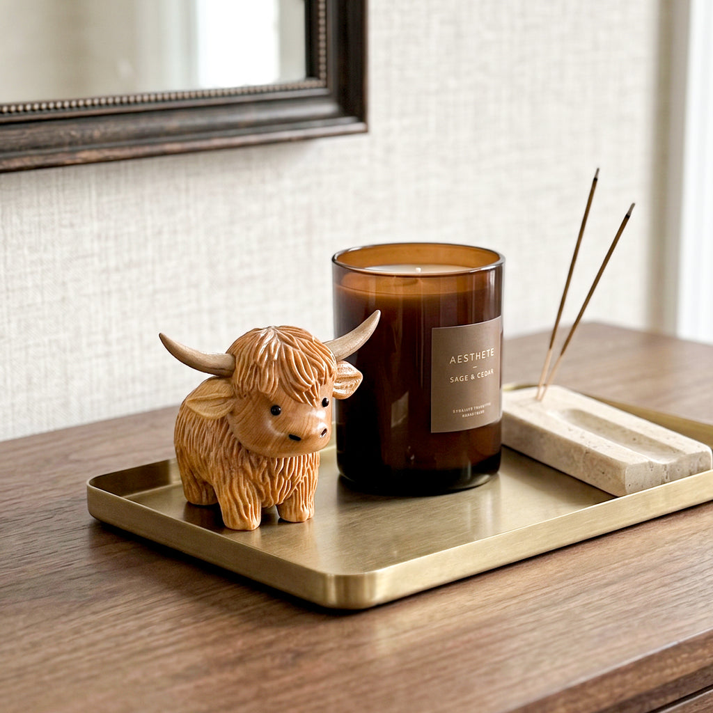 Highland Cow Figurine - Hand-carved Wooden Animal Figurine