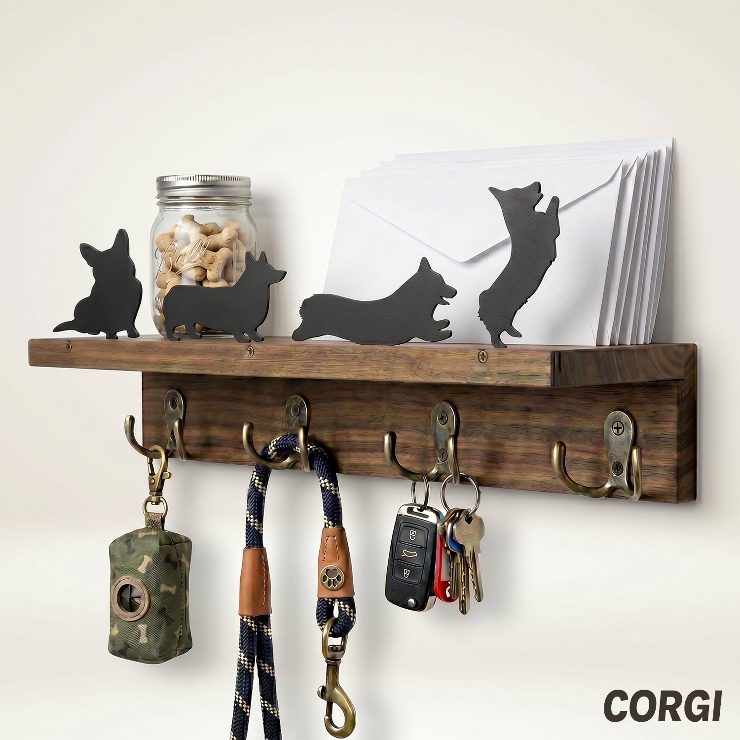 Wall Mounted Key Holder - Walnut Leash Hanger & Entryway Organizer (Custom Available)