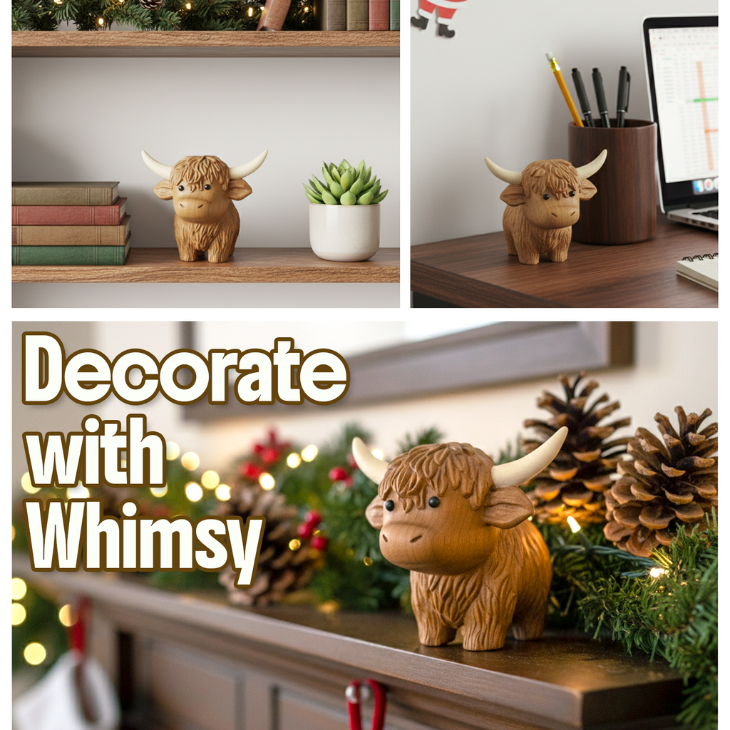 BeeRusty™ - Hand-Carved Wooden Highland Cow Figurine